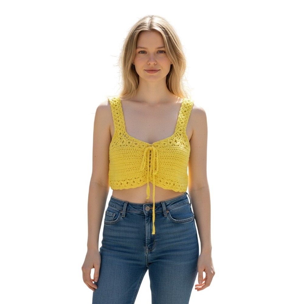 Cotton Emporium Yellow Crochet Crop Top Tie Front Festival Boho Camisole 7201 M